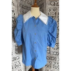 Blue Blouse with White Collar- Size Medium